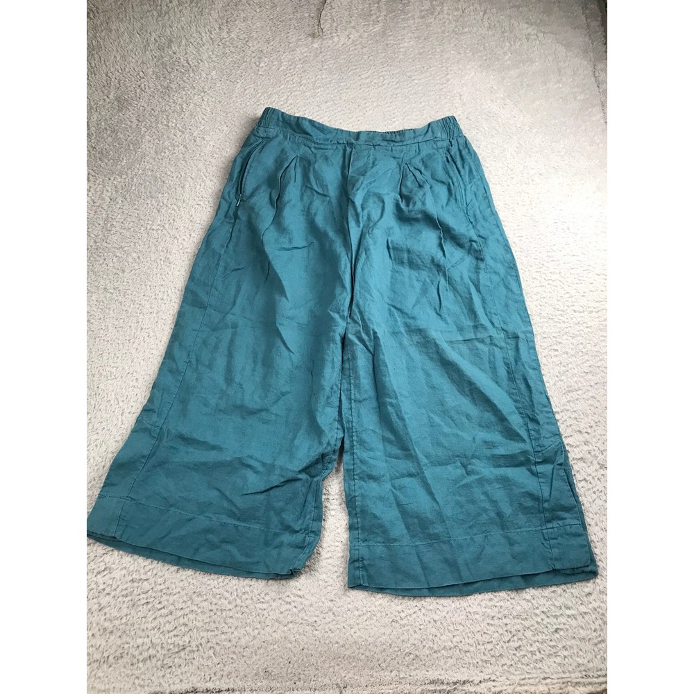 Athleta Playa Linen Wide Crop Pants‎ Women 16 Teal Blue Casual Coastal Lagenlook